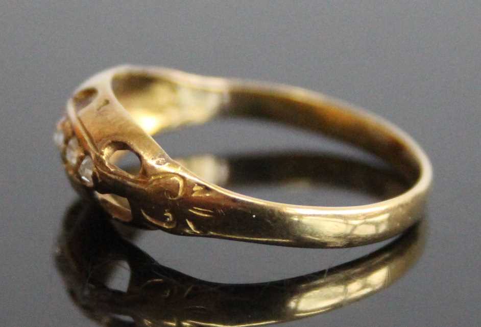 A yellow metal diamond half hoop ring, comprising five graduated Old European cut diamonds in boat - Image 4 of 6