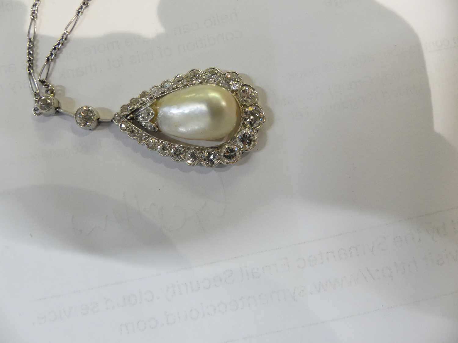 A white metal articulated pearl and diamond pear shaped cluster pendant, comprising a 16.5 x 10.15mm - Image 10 of 14