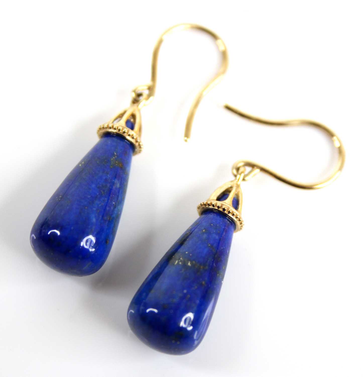 A pair of 9ct gold and lapis lazuli ear pendants, each on shepherd's crook fittings, sponsor EA, 5. - Image 2 of 2