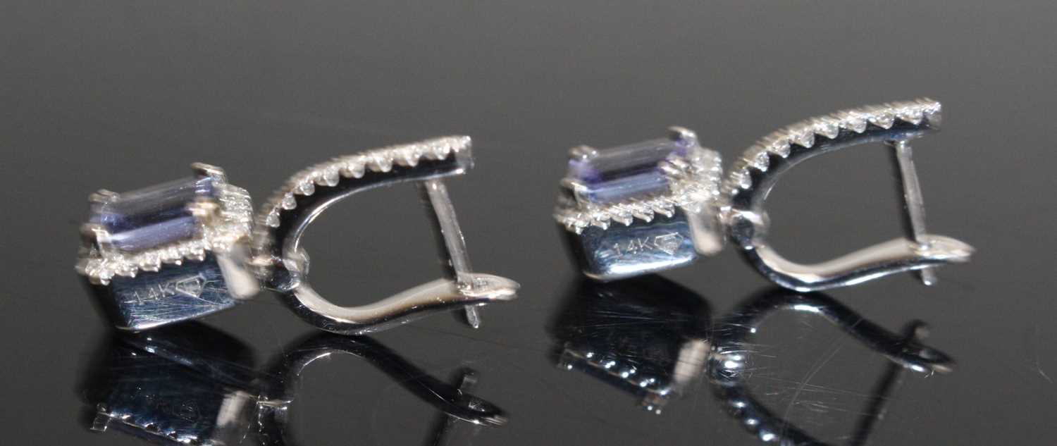 A pair of white metal, tanzanite and diamond drop earrings, each featuring a rectangular cut - Image 2 of 3