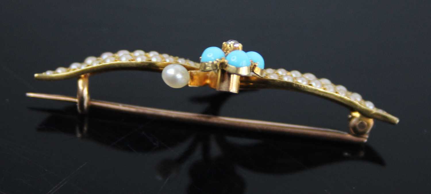 A yellow metal, seed pearl, turquoise and diamond set leaf and flower bar brooch, the flower centred - Image 2 of 3