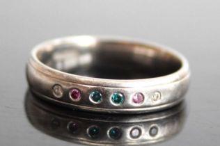 A palladium and multicolour diamond set half hoop band ring, the court shaped band set with six