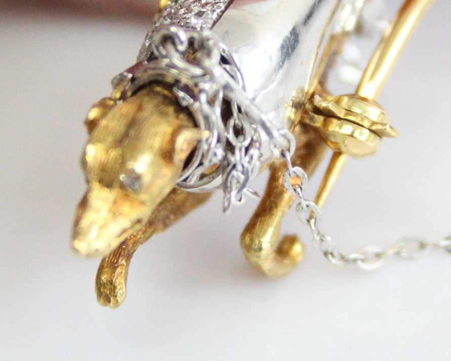 A yellow and white metal greyhound brooch, having pavé set diamond jacket and removable collar, with - Image 5 of 7