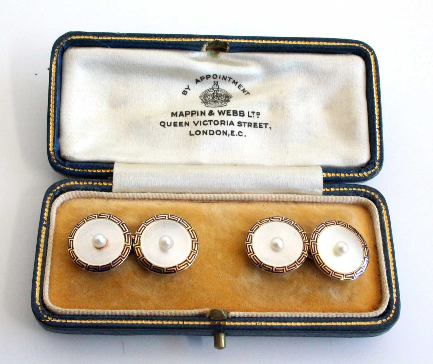 A cased pair of Mappin & Webb yellow metal, mother of pearl and seed pearl set gent's cufflinks, - Image 3 of 3