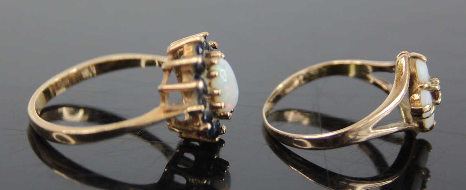 A modern 9ct gold, opal and sapphire flowerhead cluster ring, size M; together with a 9ct gold, opal - Image 2 of 6