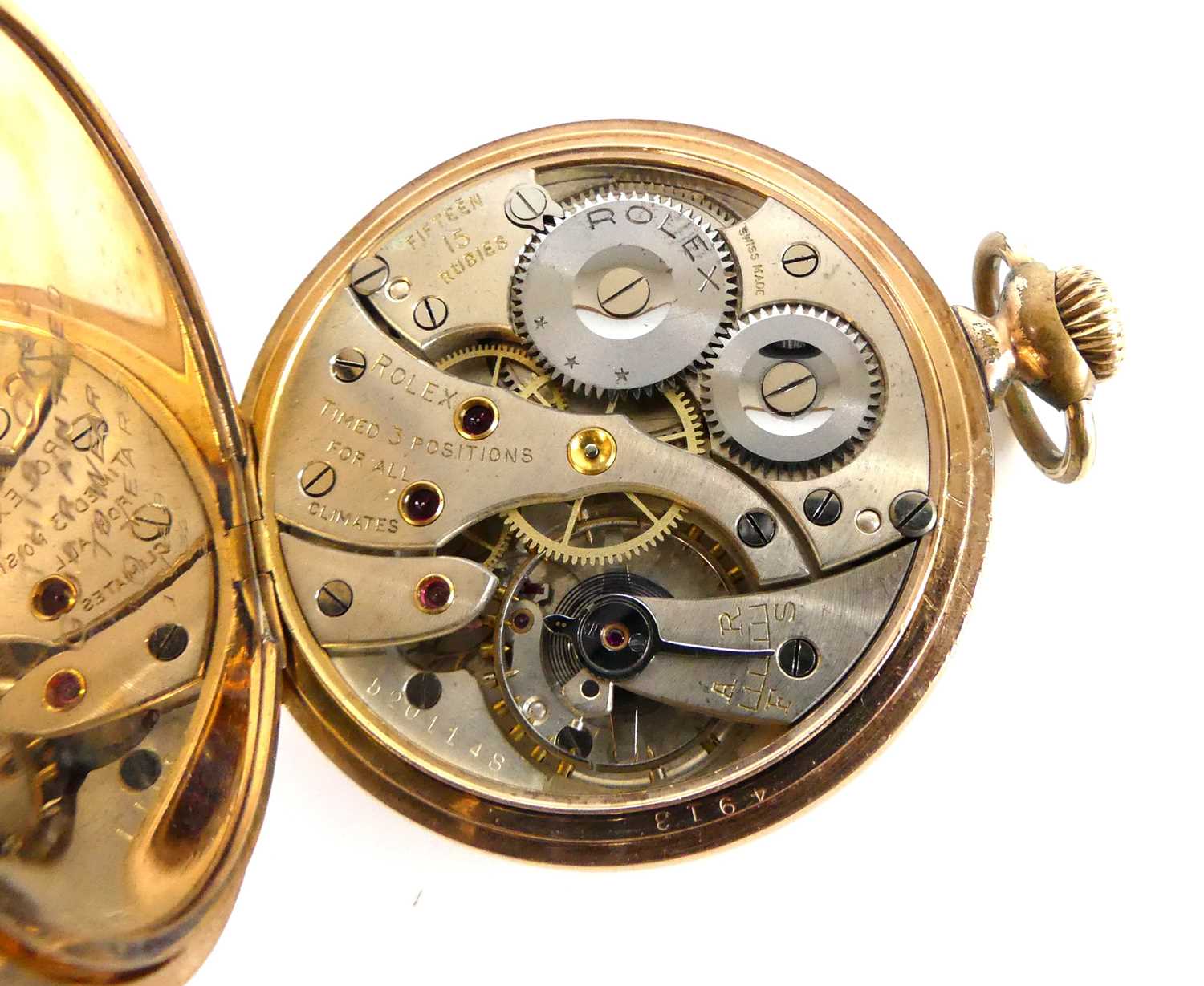 A Rolex gold plated keyless open-face pocket watch, with round white Roman dial having blued steel - Image 6 of 7
