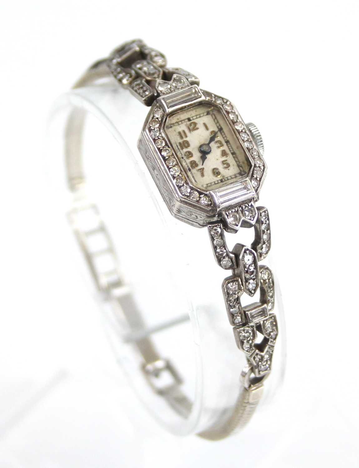 A white metal diamond set Art Deco lady's manual wind cocktail watch, having an octagonal cream - Bild 2 aus 5