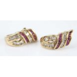 A pair of 9ct yellow gold, ruby and diamond half hoop earrings, each with two rows of five round