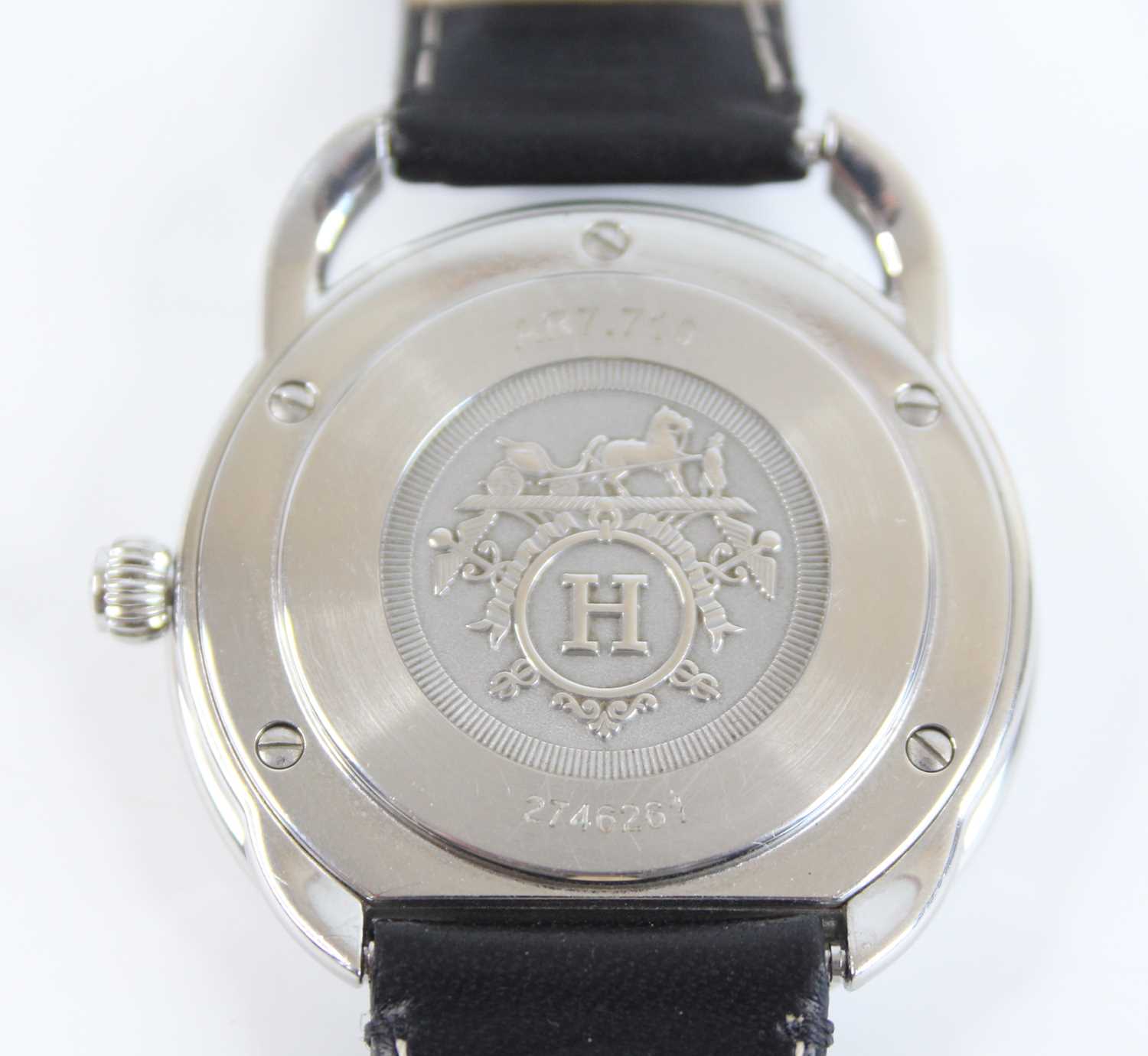 A steel Hermes automatic wristwatch, having round white Arabic dial and date at six, fitted to a - Bild 6 aus 8