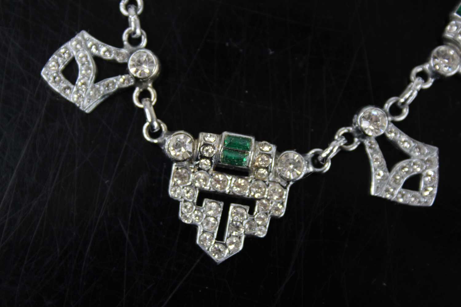 An Art Deco metal and green & white paste set necklace, length 39cm, together with matching pair - Image 2 of 4