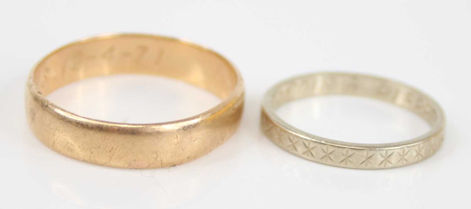 A yellow metal wedding band, inscribed to the inside, unmarked but tests as approx 14ct gold, 4. - Image 2 of 4