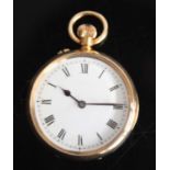 An 18ct gold keyless open faced pocket watch with round white Roman dial and case back engraved with