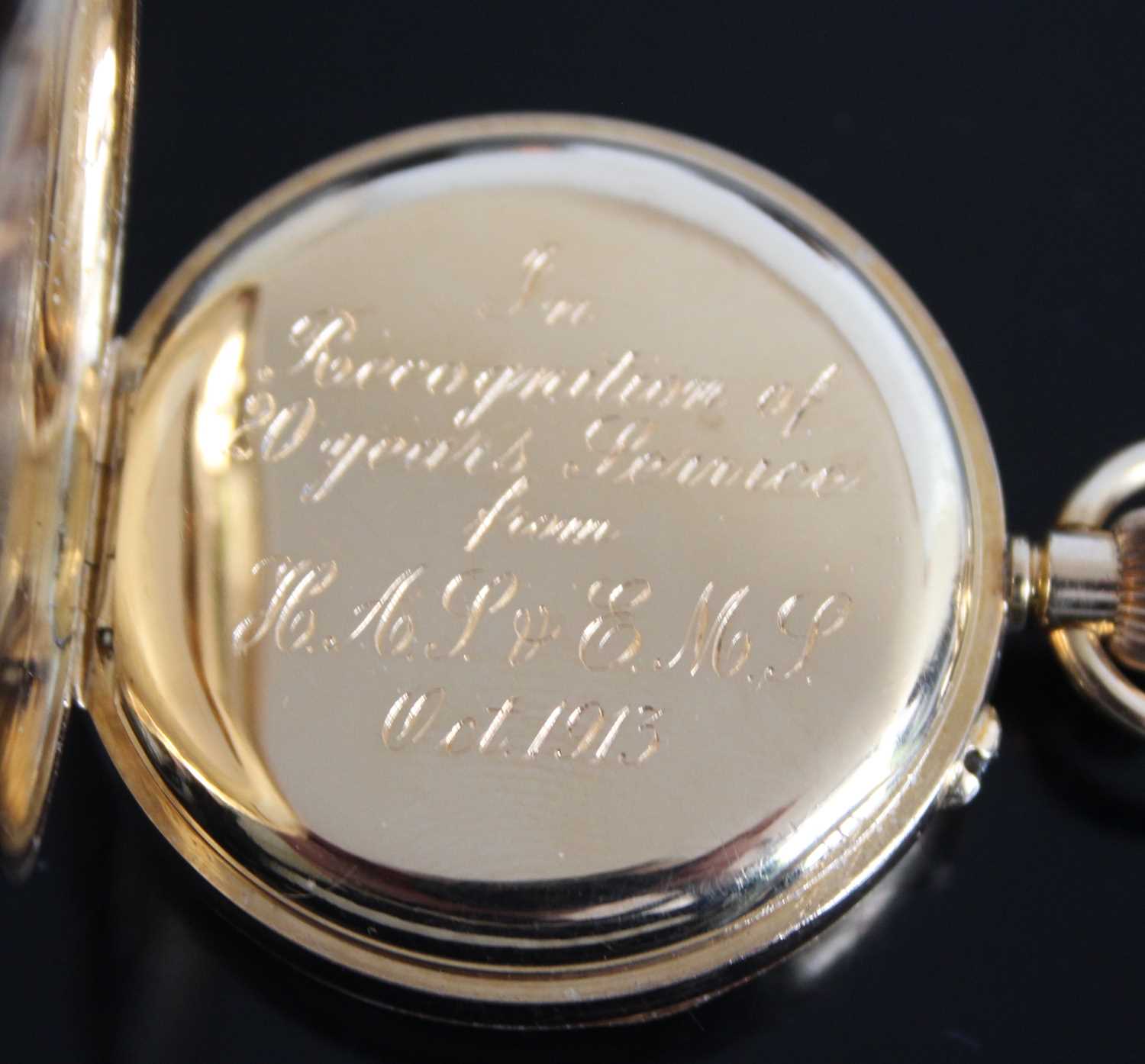 An 18ct gold keyless open faced pocket watch with round white Roman dial and case back engraved with - Image 3 of 8