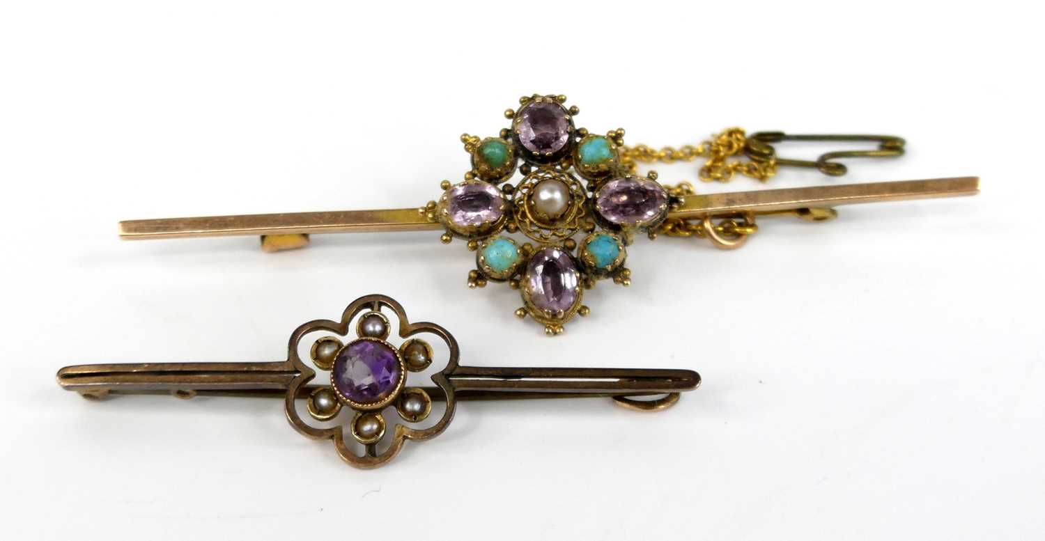 Two yellow metal bar brooches, the first designed as an amethyst, turquoise and pearl quatrefoil