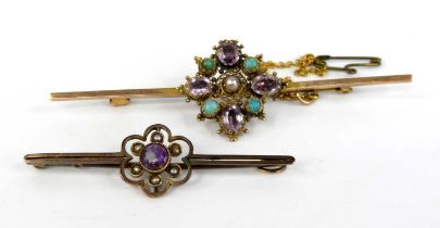 Two yellow metal bar brooches, the first designed as an amethyst, turquoise and pearl quatrefoil