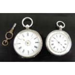 Two open-faced pocket watches, being a white metal keywind pocket watch with round white Roman