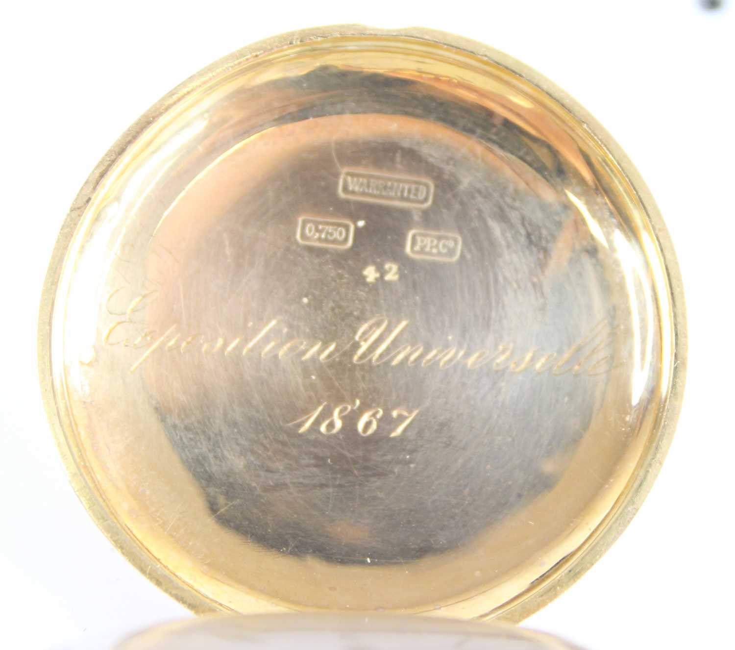 A 18ct gold lady's full hunter keywind pocket watch, having engraved case and white Roman dial, - Image 4 of 10