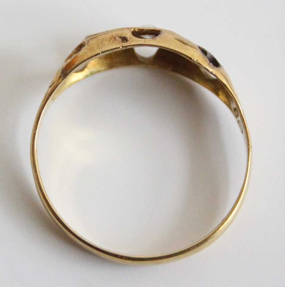 A yellow metal diamond half hoop ring, comprising five graduated Old European cut diamonds in boat - Image 5 of 6