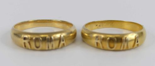 Two yellow metal bands each with Roma in raised lettering, ring width 5 to 3.4mm, size M½, gross