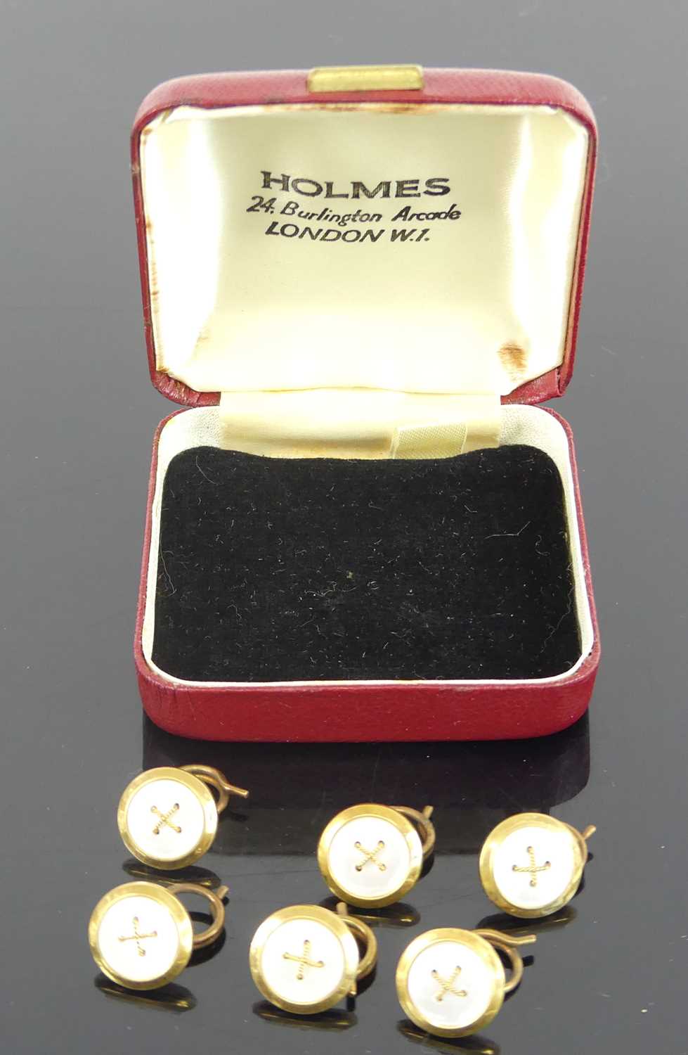 A set of six yellow metal circular dress studs, with mother of pearl inlay and cross detail to the - Image 2 of 3