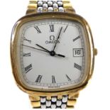 A lady's Omega de Ville bi-metal quartz watch, with cushion shaped cream Roman dial and date at 3,