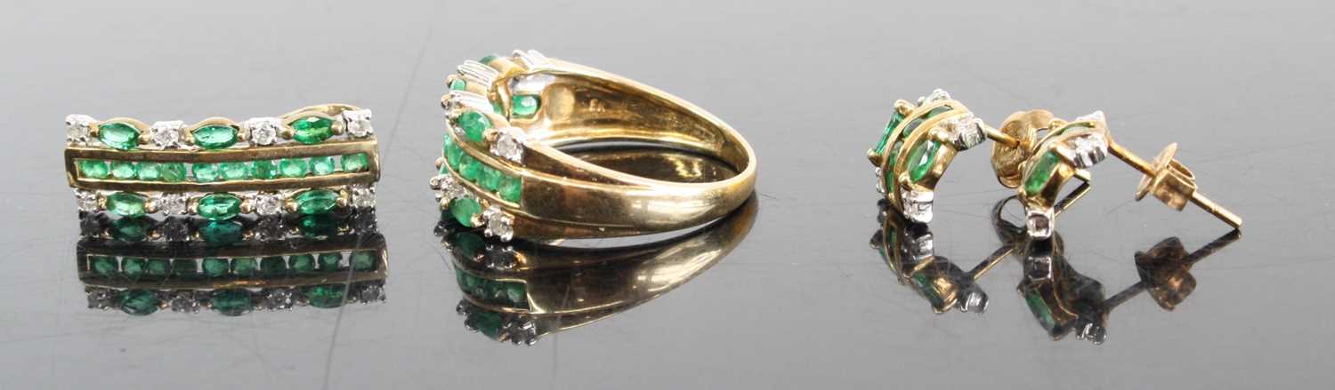 A 9ct gold emerald and diamond garniture comprising half hoop ring, pendant, and pair ear studs, the - Image 2 of 3