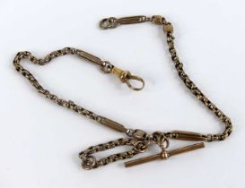 A yellow metal Albert chain with alternating oval belcher, trombone and mariner link, with T bar and