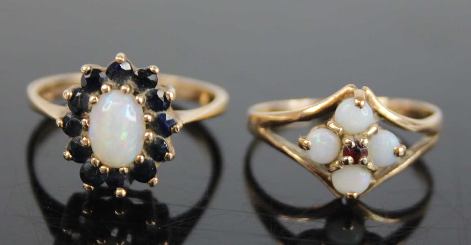 A modern 9ct gold, opal and sapphire flowerhead cluster ring, size M; together with a 9ct gold, opal