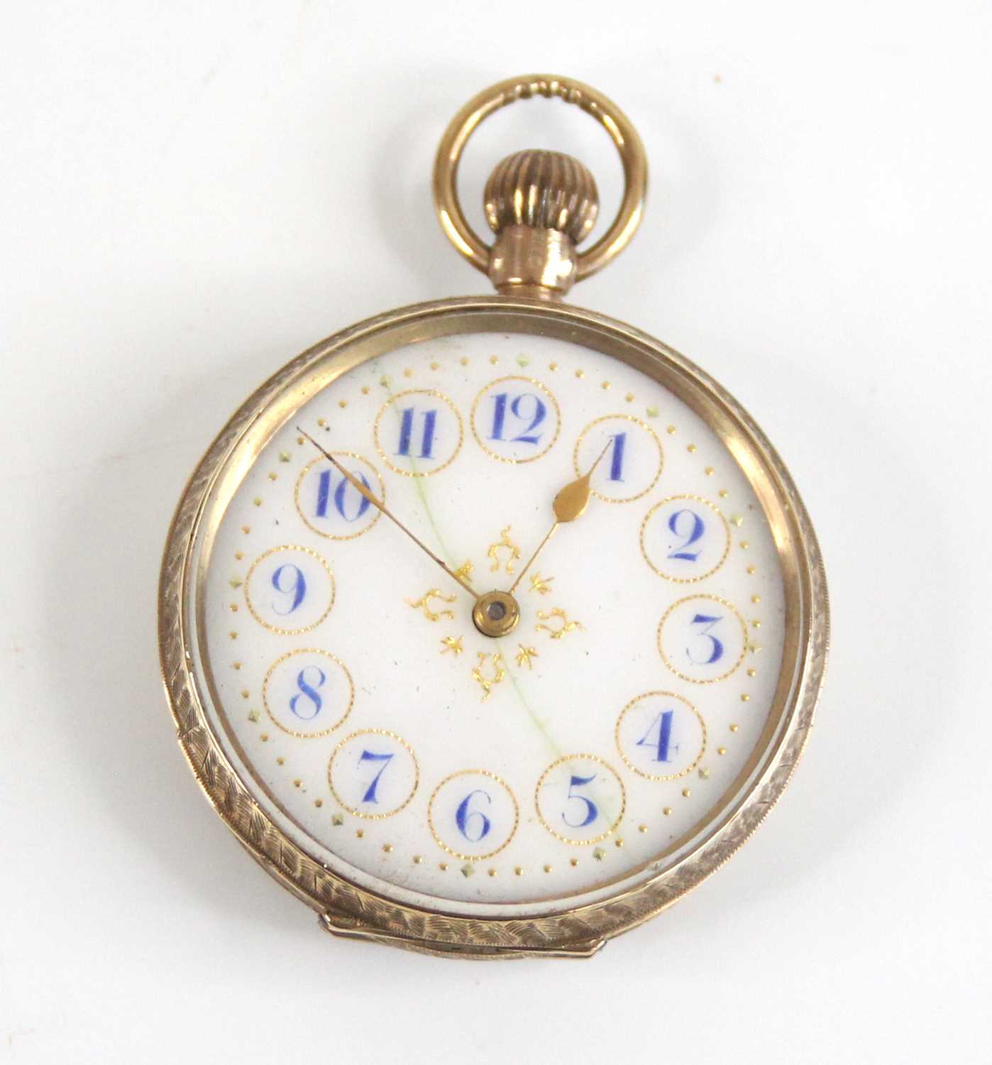 A lady's 9ct yellow gold open face keyless fob watch, having a round white dial with blue Arabic