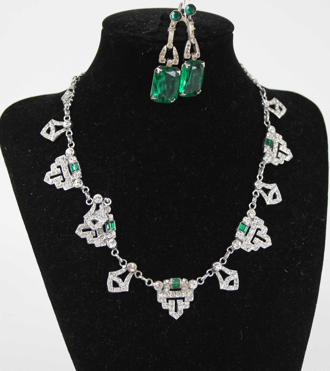 An Art Deco metal and green & white paste set necklace, length 39cm, together with matching pair - Image 3 of 4