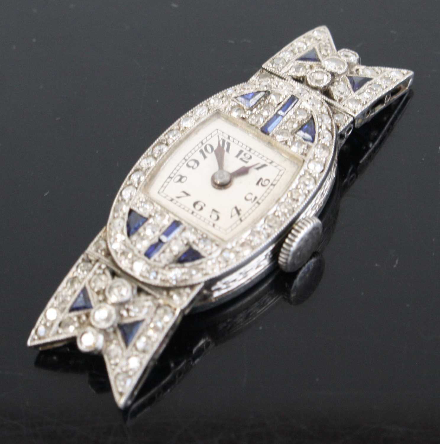 An Art Deco platinum sapphire and diamond set cocktail watch having a signed silvered Arabic dial - Image 2 of 5