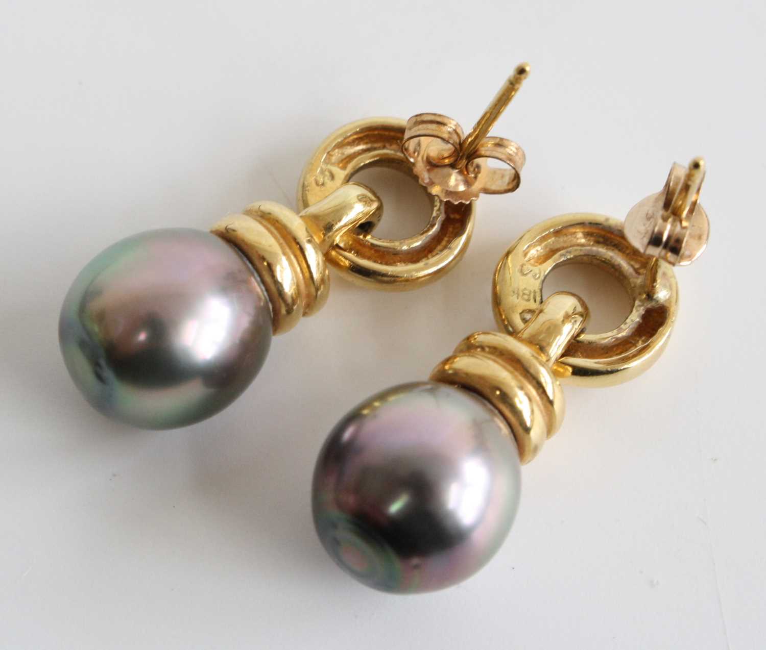 A pair of 18ct yellow gold, pearl and diamond drop earrings, each with a 10 x 9.8mm grey cultured - Image 3 of 3