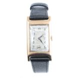 An Art Deco gent's 9ct gold cased tank watch having unsigned silvered dial with subsidiary seconds