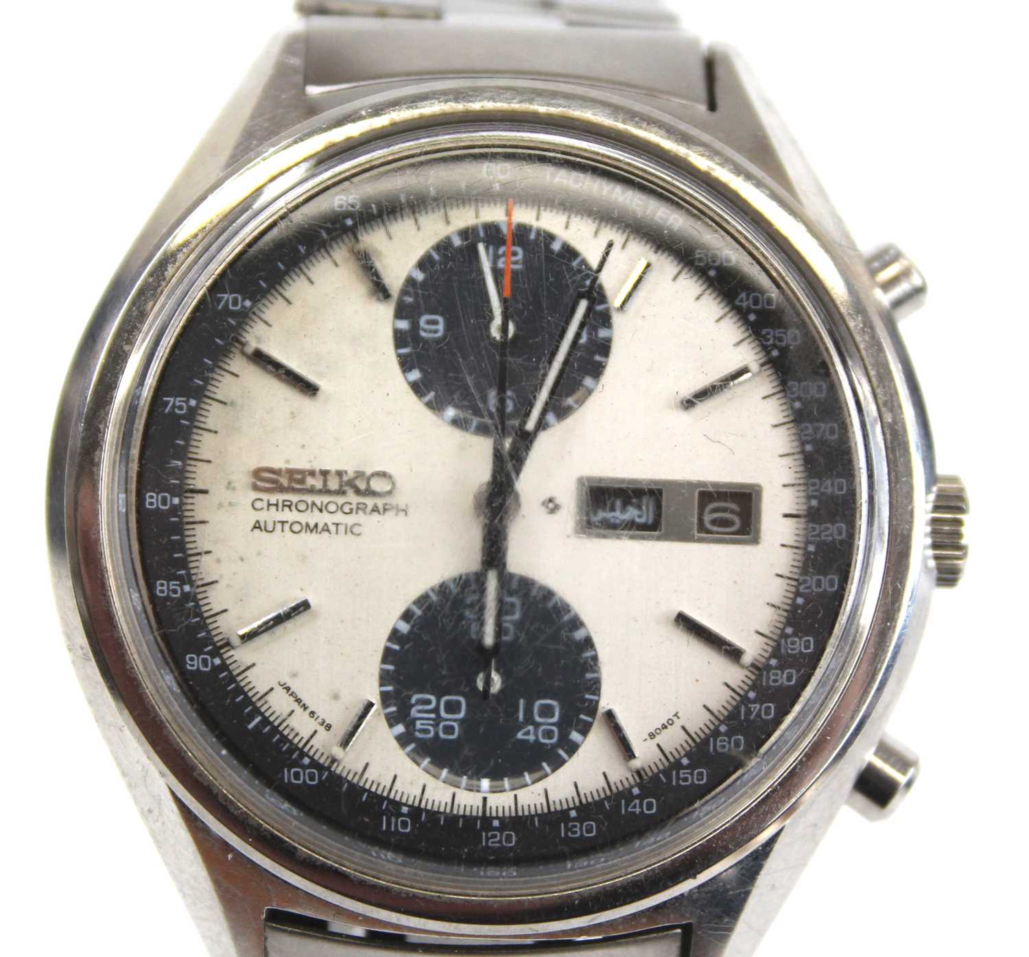 A gent's Seiko steel cased automatic chronograph, circa 1970s, having signed silvered dial, twin