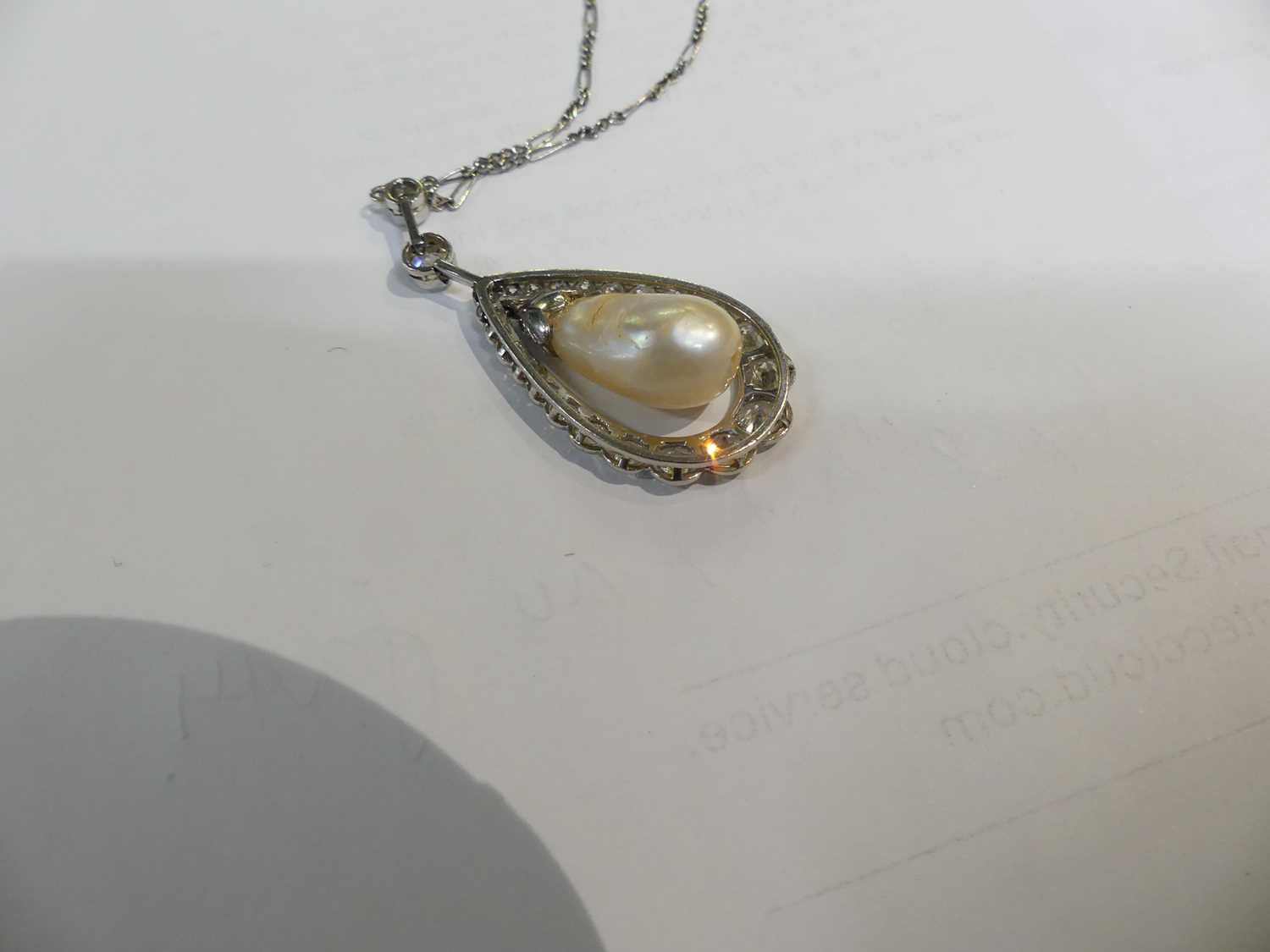 A white metal articulated pearl and diamond pear shaped cluster pendant, comprising a 16.5 x 10.15mm - Image 13 of 14