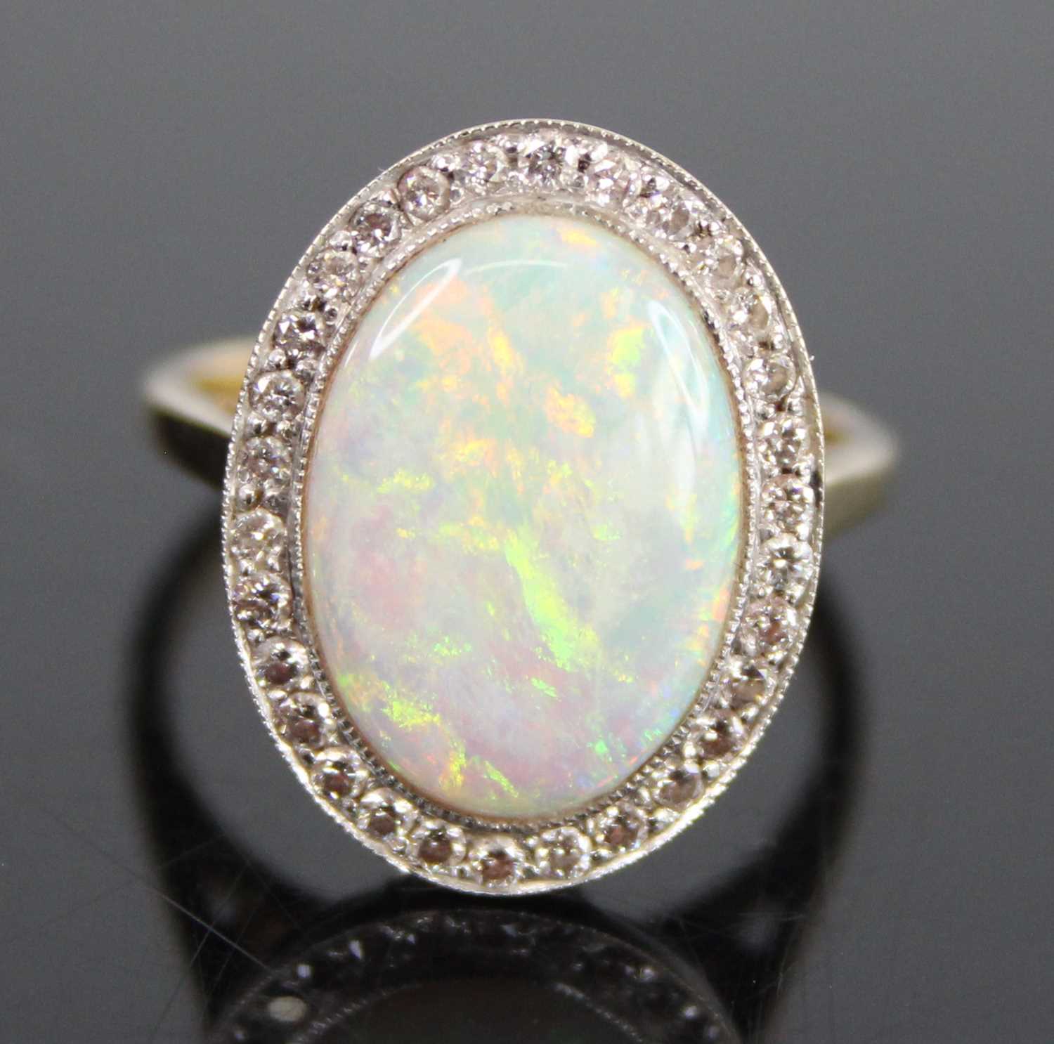 An 18ct yellow and white gold, opal doublet and diamond oval cluster ring, the opal doublet - Image 2 of 8