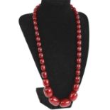 A cherry amber single string necklace, arranged as 40 graduated barrel beads, the largest w.25mm,