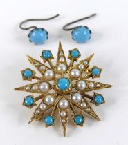 A yellow metal turquoise and pearl eight-ray star brooch, comprising nine 2.75 to 3.65mm turquoise