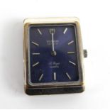 A white metal Tudor LeRoyer quartz watch case, with rectangular blue baton dial, case dimensions