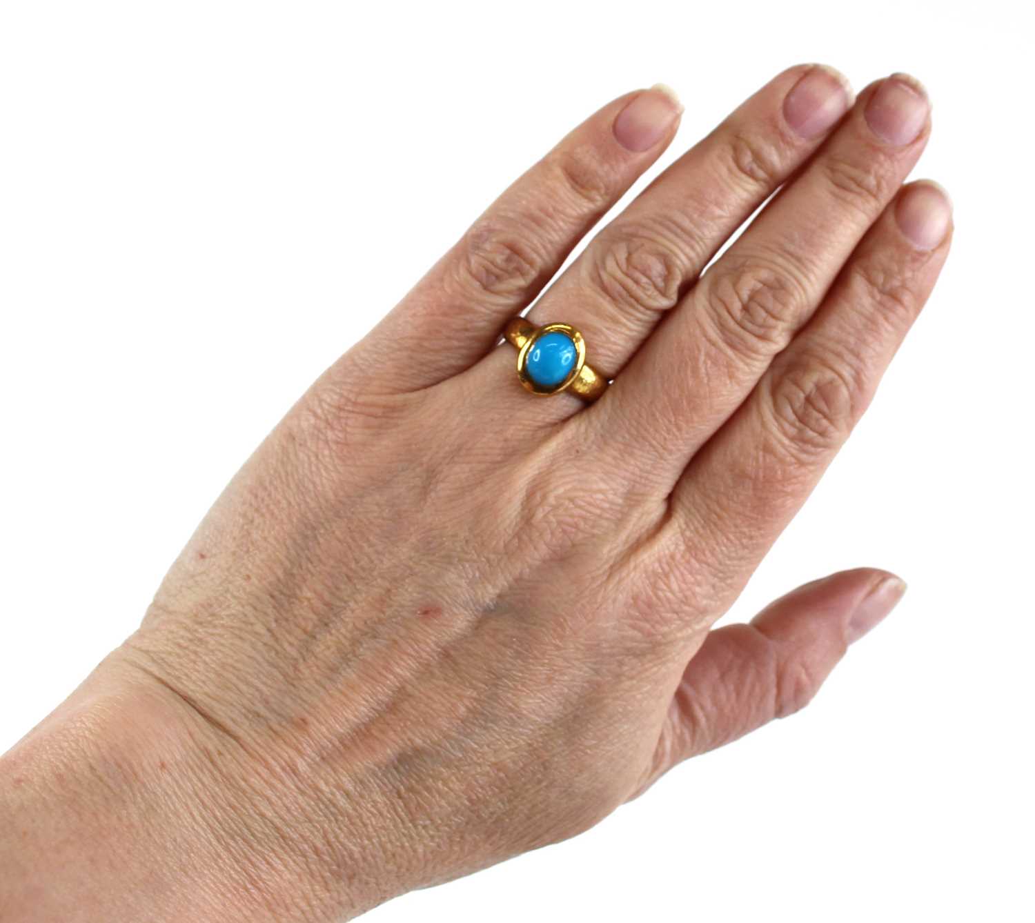 An Arts & Crafts yellow metal cabochon turquoise set dress ring, the turquoise measuring approx 7. - Image 7 of 7