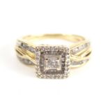 A 9ct yellow gold diamond square cluster ring, comprising nine 0.75mm Princess cut diamonds within a