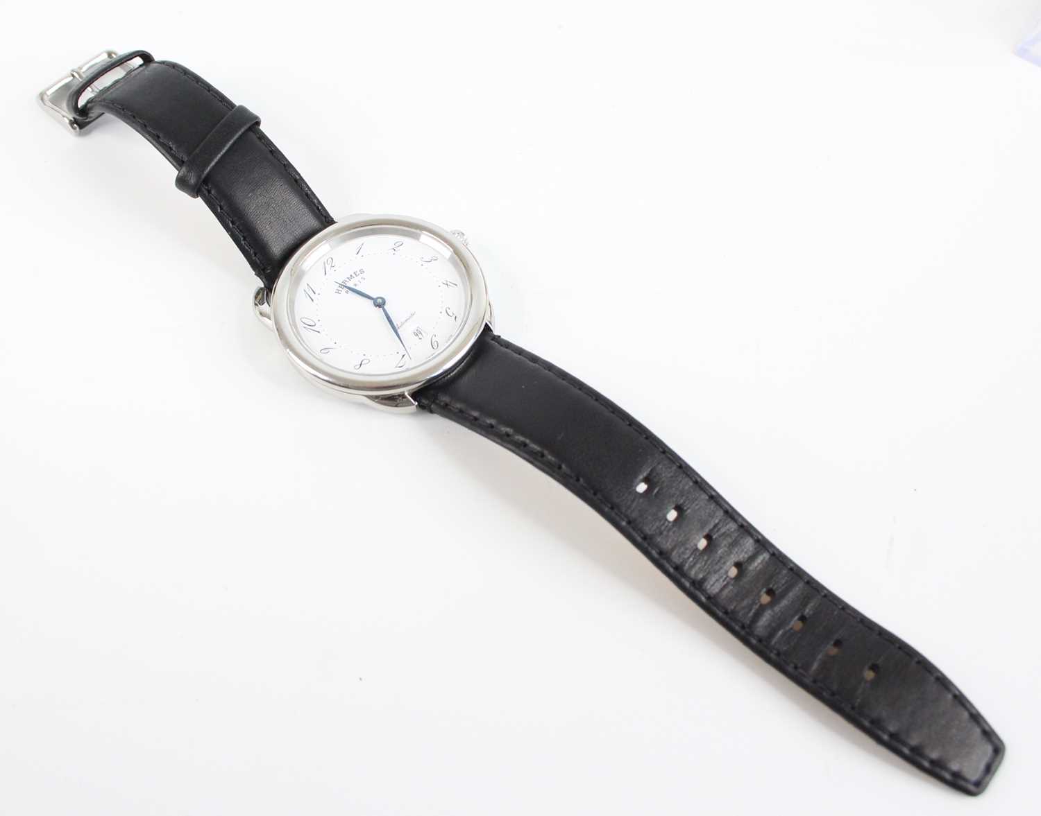 A steel Hermes automatic wristwatch, having round white Arabic dial and date at six, fitted to a - Image 5 of 8
