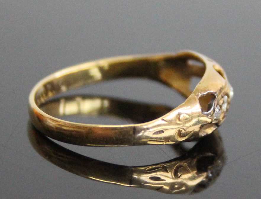 A yellow metal diamond half hoop ring, comprising five graduated Old European cut diamonds in boat - Image 2 of 6