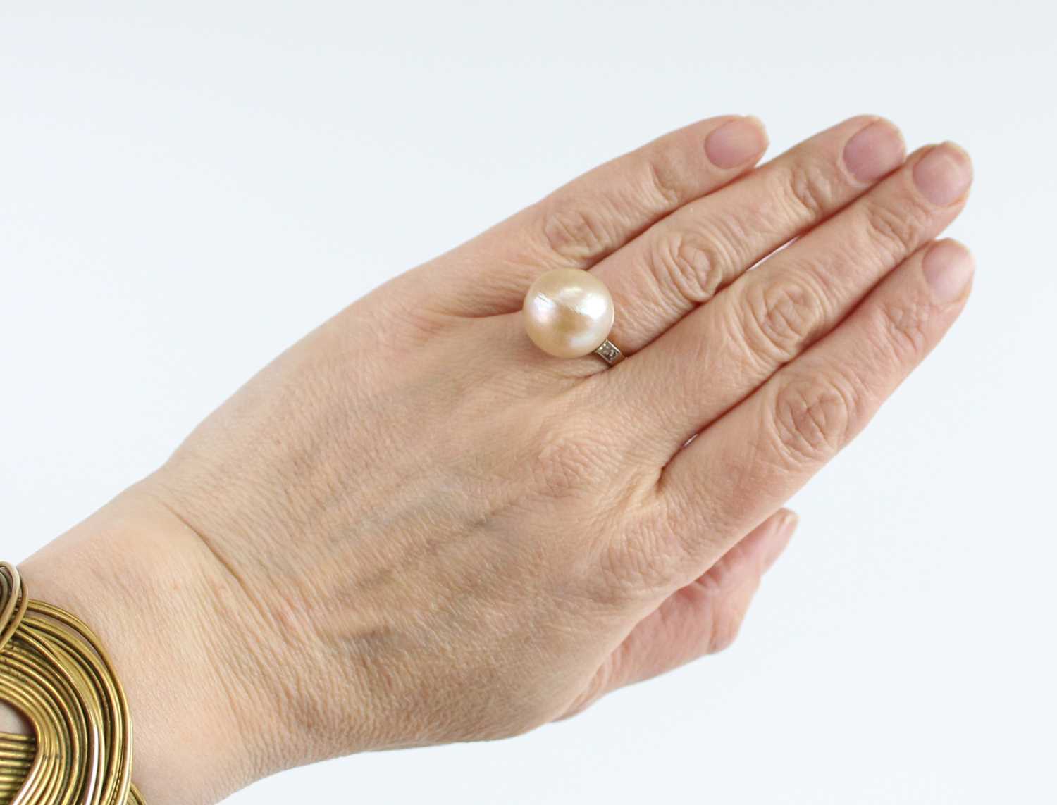 A rose and white metal mabé cultured pearl and diamond dress ring, the mabé cultured pearl measuring - Image 7 of 8