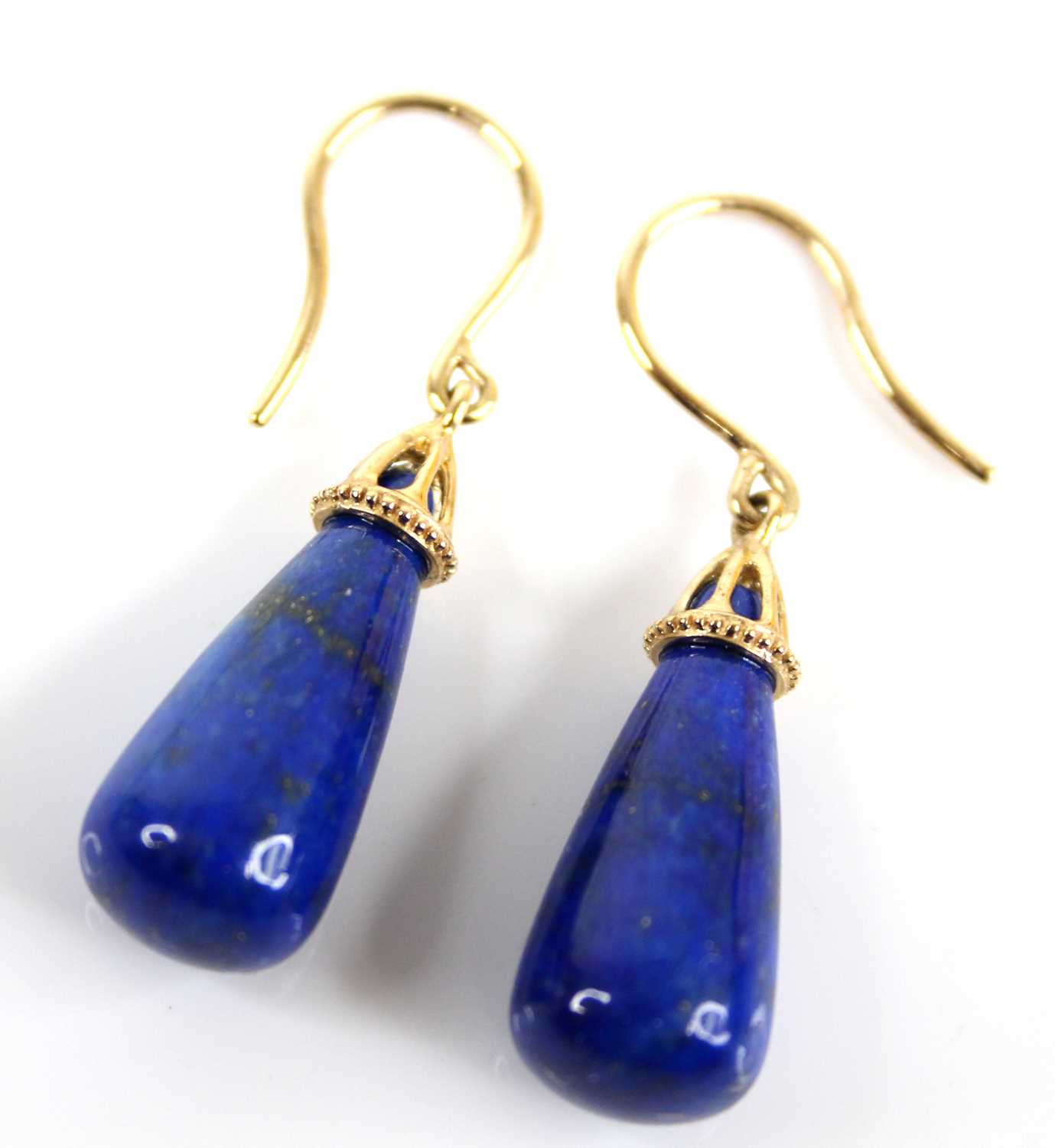 A pair of 9ct gold and lapis lazuli ear pendants, each on shepherd's crook fittings, sponsor EA, 5.