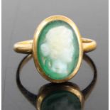 An 18ct gold carved shell cameo signet ring, the oval cameo measuring 14.5x10mm, sponsor RP, Chester