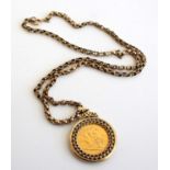 A 9ct gold belcher link neck chain containing a gold sovereign pendant for 1974 in 9ct gold mount,