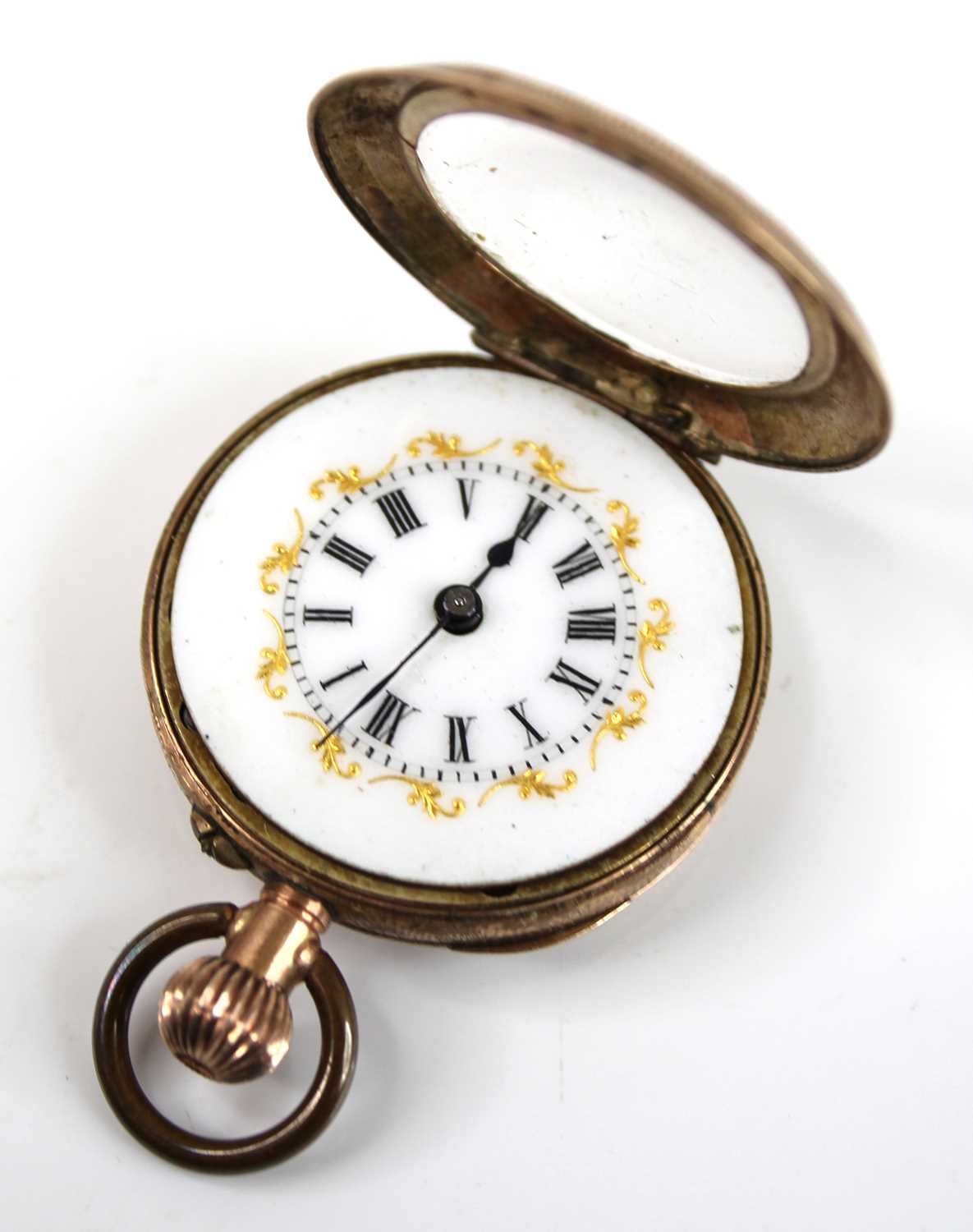 A continental lady's 9ct gold cased fob watch, the case with all-over engraved decoration, white - Image 6 of 6