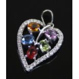 A white metal multi-sapphire and diamond abstract heart pendant, comprising blue, green, orange,