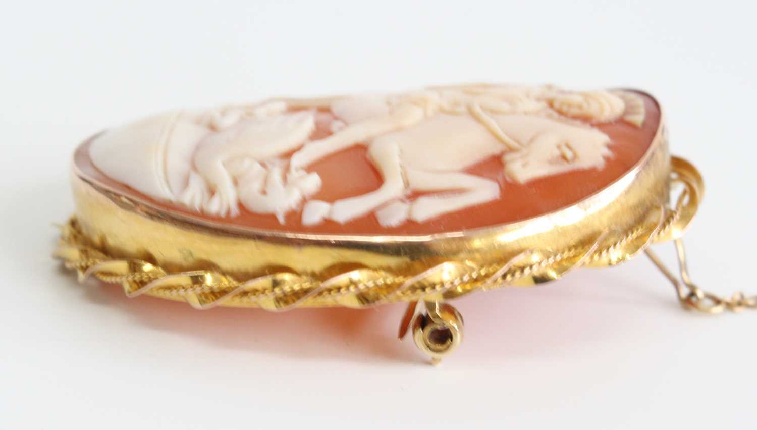 Two oval shell cameo brooches, one being 9ct yellow gold depicting Diana goddess of hunting - Image 5 of 9